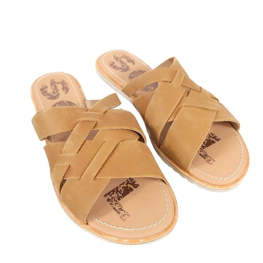 Sorel Ella Slide Sandals in Camel Brown Strappy Leather - Picture 2 of 11